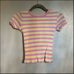 Women’s pink purple blue yellow striped stretch crop top shirt size small